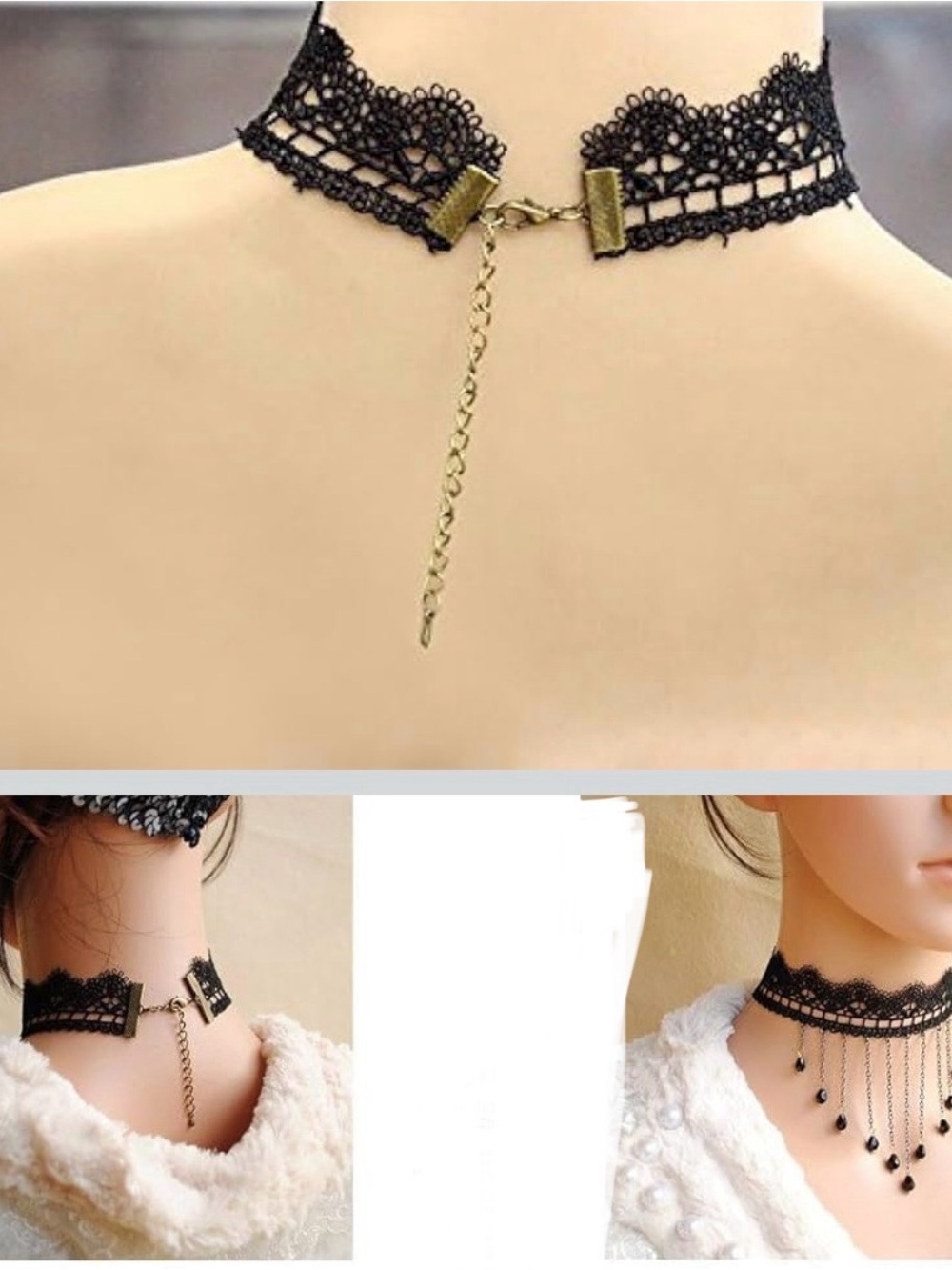 Goth Black Lace Choker Necklace with Chain